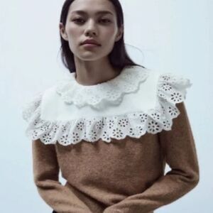 ZARA Cottagecore Wool Blend Brown Sweater | Peter Pan Eyelet Bib Lace